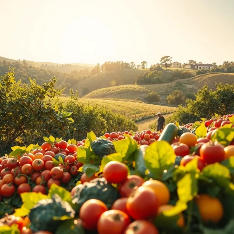 A vibrant, sunlit field filled with organic vegetables and fruits.