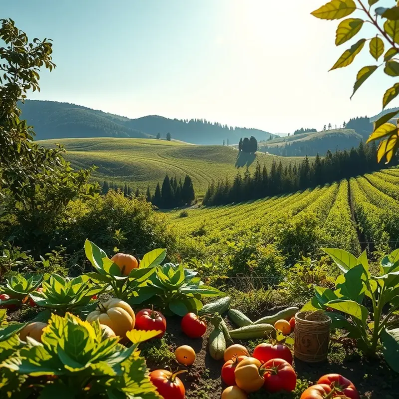 A vibrant sunlit field showcasing the abundance of organic fruits and vegetables.