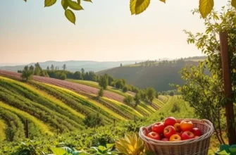 A beautiful sunlit field lush with organic vegetables and fruits.