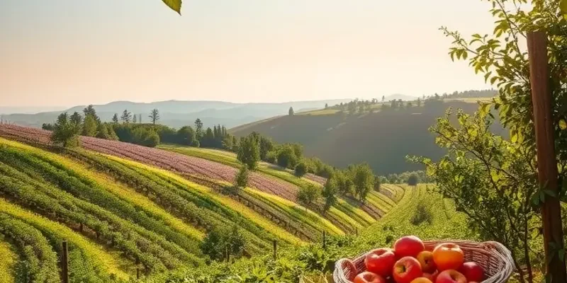 A beautiful sunlit field lush with organic vegetables and fruits.