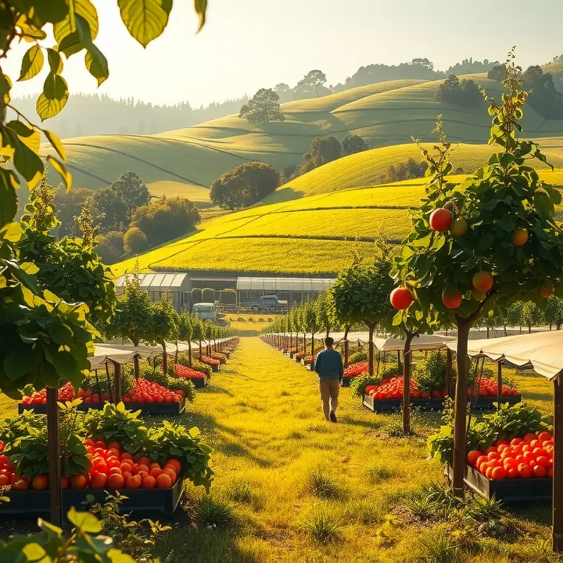 A scenic view of a sunlit field filled with vibrant, organic produce.