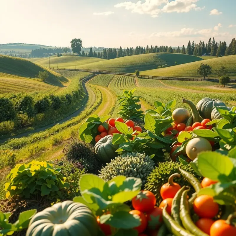 A vibrant sunlit field showcasing organic fruits and vegetables.