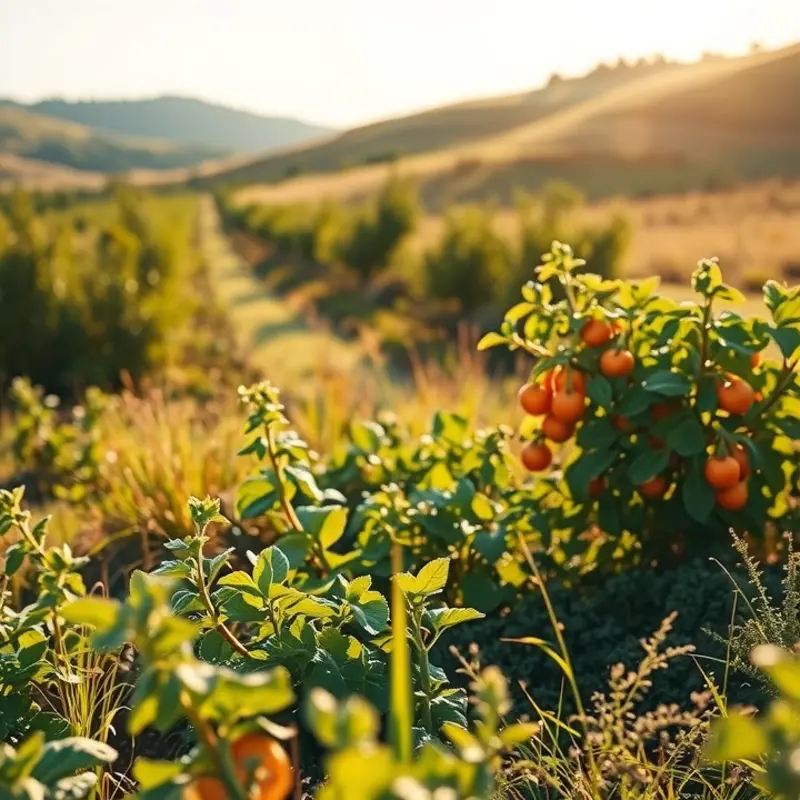 A sunlit field showcasing vibrant vegetables and fruits flourishing in a natural landscape.