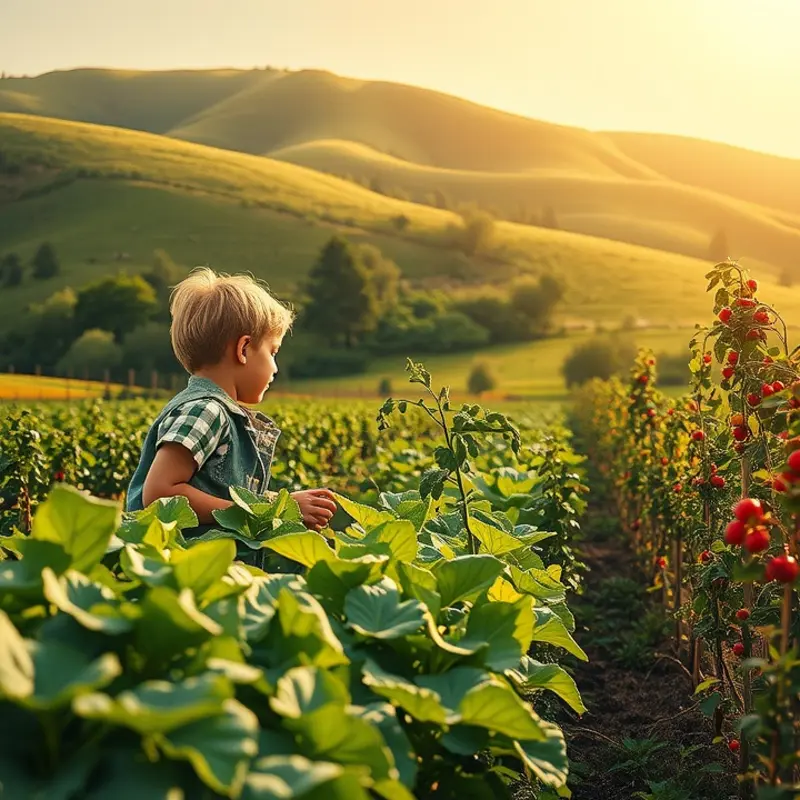 A vibrant sunlit orchard abundant with fresh organic produce.
