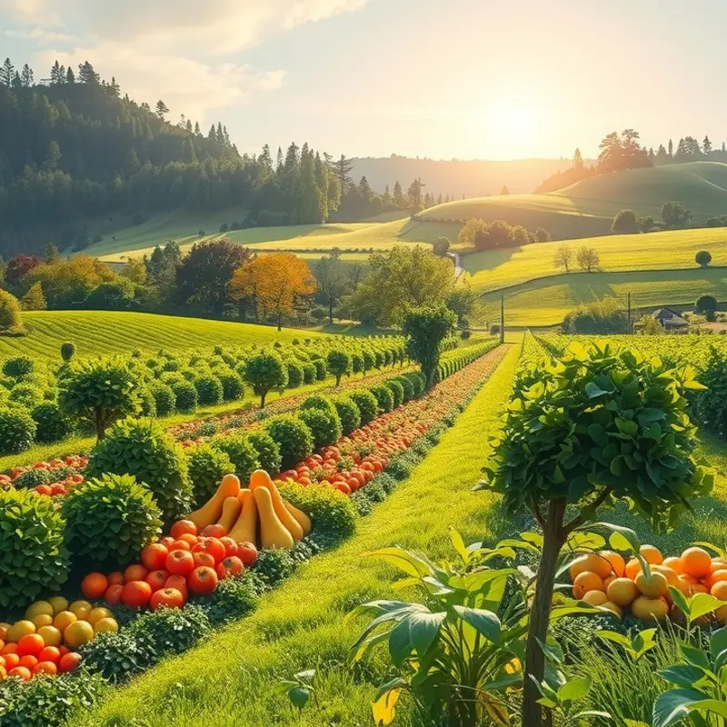 A peaceful sunlit field overflowing with healthy vegetables and fruits.