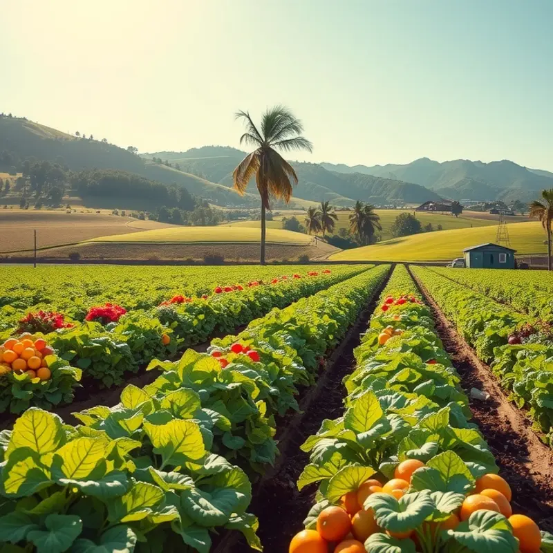 A sunlit field rich with vibrant organic vegetables and fruits.