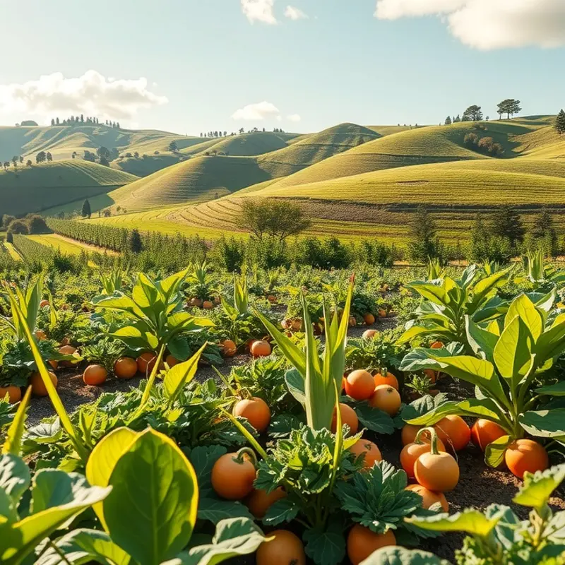 A serene sunlit field filled with vibrant fruits and vegetables that symbolizes fresh, organic eating.