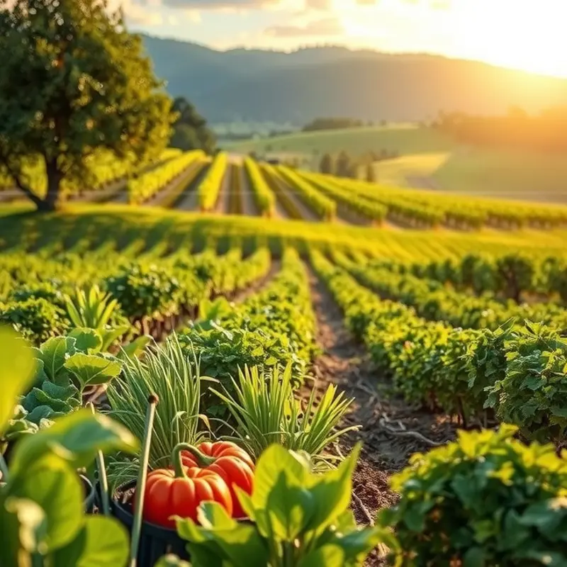 A sunlit field showcasing vibrant vegetables and fruits, representing the abundance of organic produce.