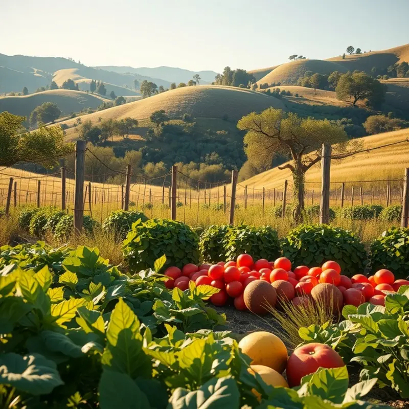 A sunlit field showcasing vibrant vegetables and fruits.
