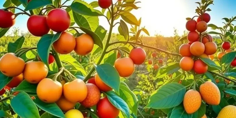 An expansive field filled with various organic fruits and vegetables under warm sunlight.