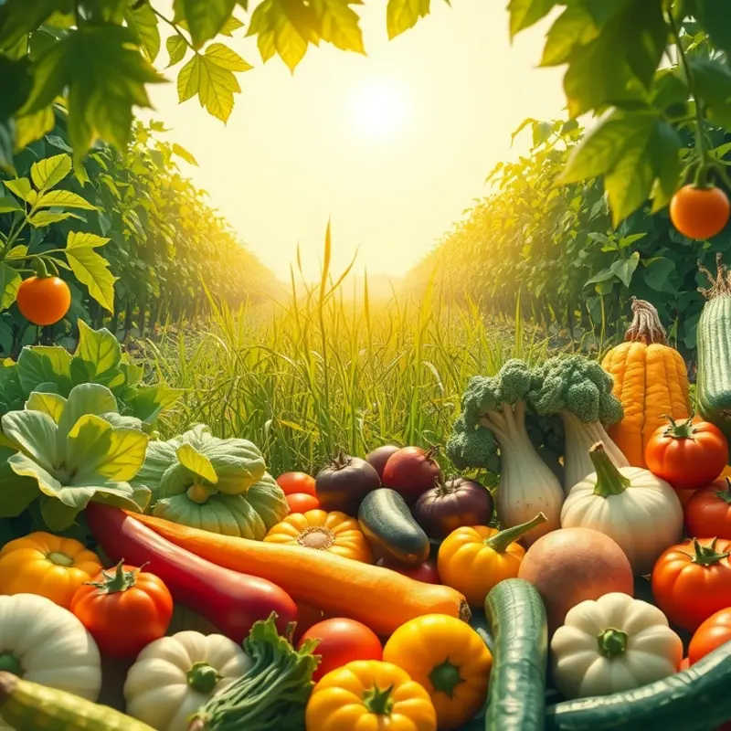 A radiant sunlit field brimming with organic fruits and vegetables, reminiscent of a wholesome food environment.