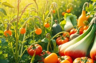 A vibrant field filled with organic vegetables and fruits, illuminated by sunlight, highlighting the essence of natural and healthy eating.