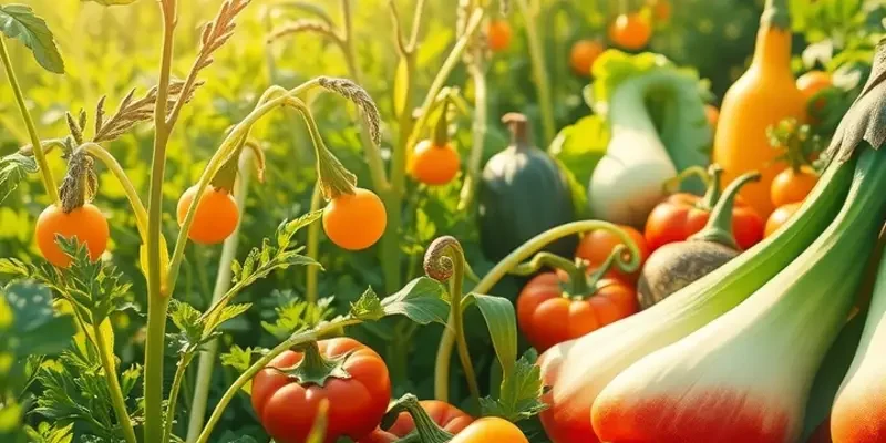 A vibrant field filled with organic vegetables and fruits, illuminated by sunlight, highlighting the essence of natural and healthy eating.