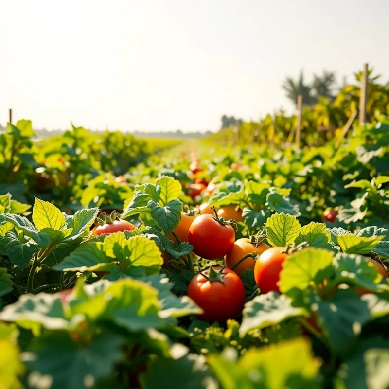 A sunlit field showcasing vibrant vegetables and fruits used in pizza making.