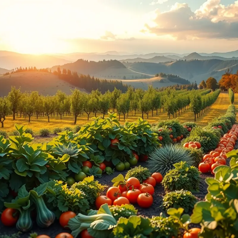 A sunlit field showcasing vibrant vegetables and fruits.