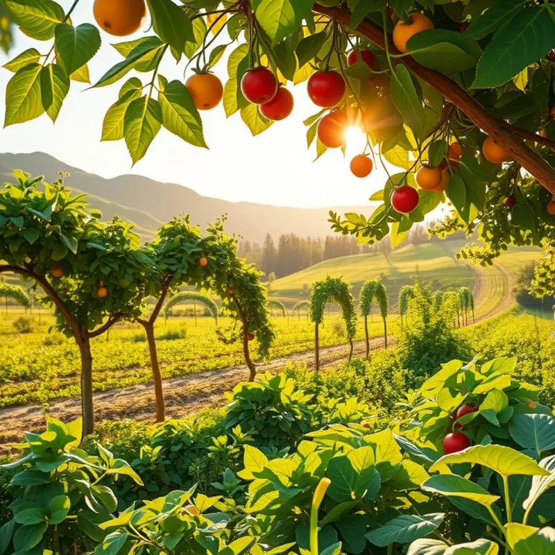 A vibrant sunlit field filled with organic vegetables and fruits.