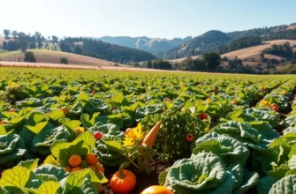 A beautiful sunlit field filled with a variety of fresh vegetables and fruits.