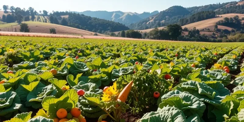 A beautiful sunlit field filled with a variety of fresh vegetables and fruits.