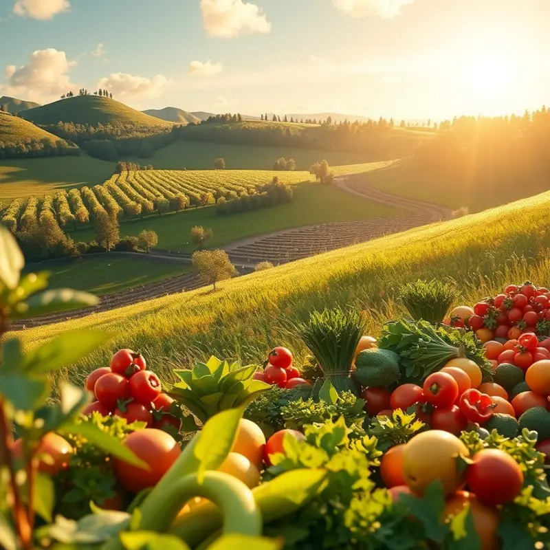 A serene sunlit field filled with vibrant vegetables and fruits.