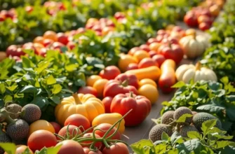 A bright sunlit field showcasing a variety of organic vegetables and fruits, symbolizing the foundation of easy meal prep.
