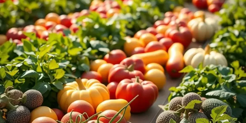 A bright sunlit field showcasing a variety of organic vegetables and fruits, symbolizing the foundation of easy meal prep.