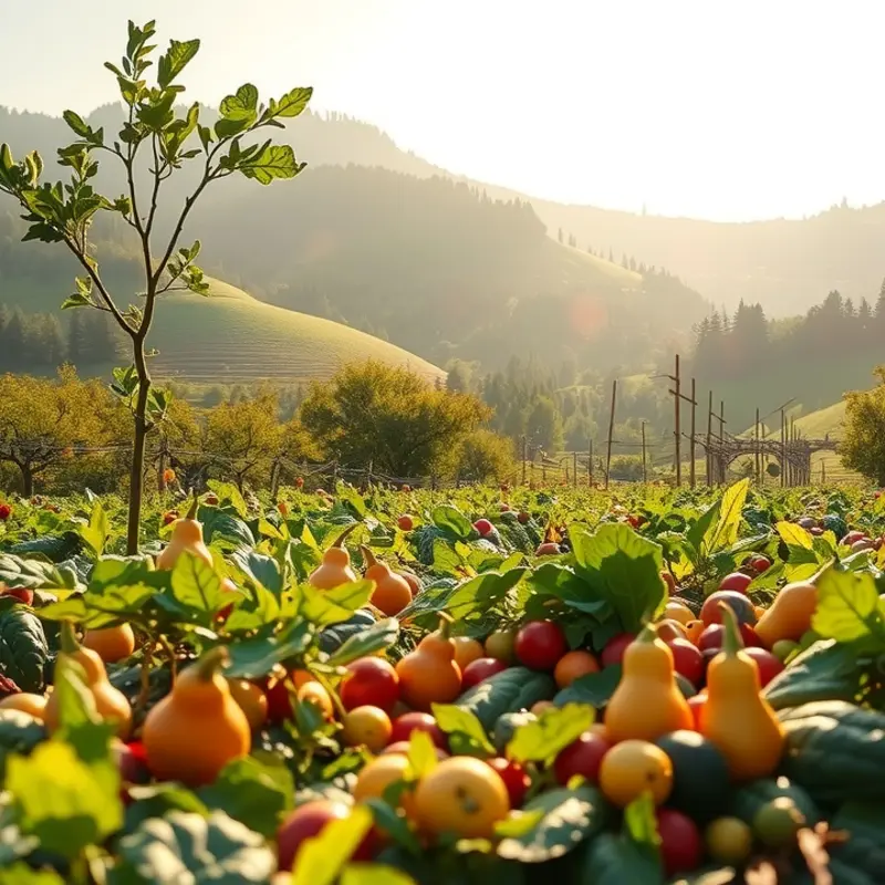 A sunlit field with vibrant fruits and vegetables representing natural abundance.