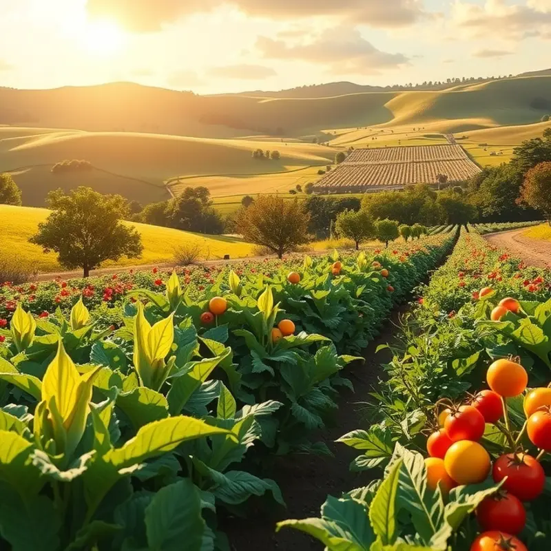 A sunlit field with vibrant vegetables and fruits, symbolizing freshness and abundance.