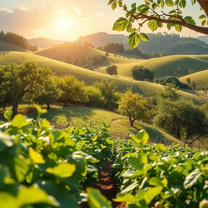 A serene sunlit field showcasing vibrant organic produce.