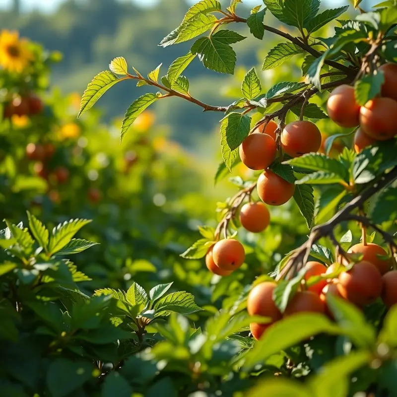 A sunlit field showing the abundance of organic fruits and vegetables.