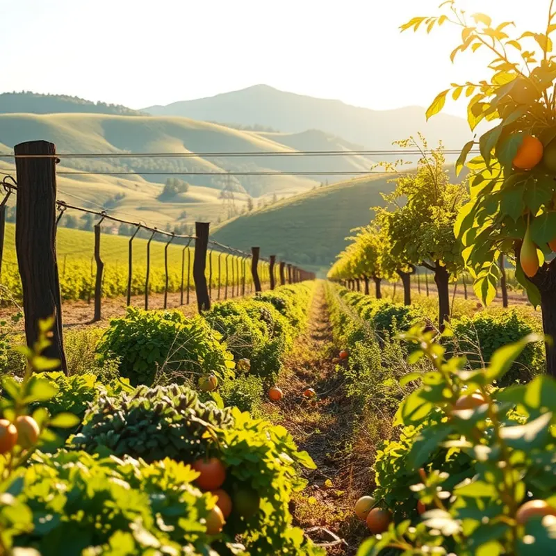 A lush garden filled with vibrant fruits and vegetables under soft lighting.