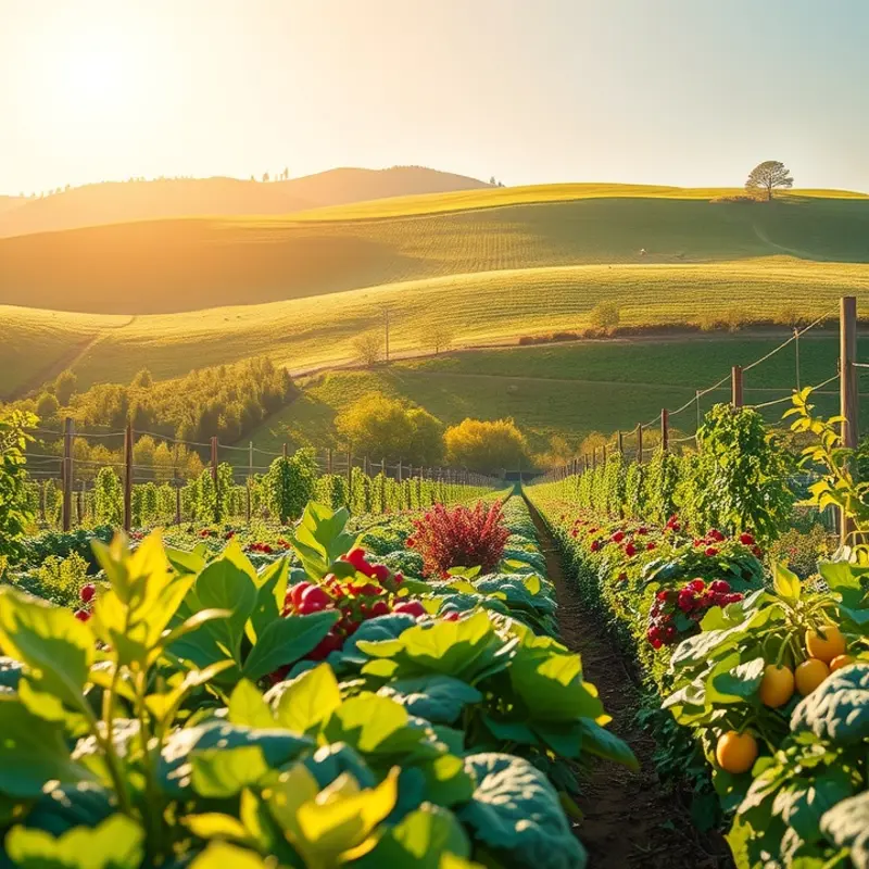 A sunlit field showcasing the natural abundance of organic garlic and vegetables.