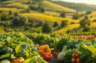 A pure scenic landscape with vibrant vegetables and fruits growing naturally in a lush green setting.