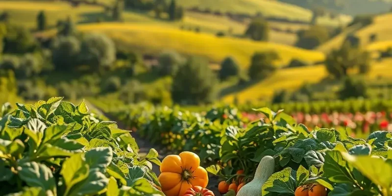A pure scenic landscape with vibrant vegetables and fruits growing naturally in a lush green setting.