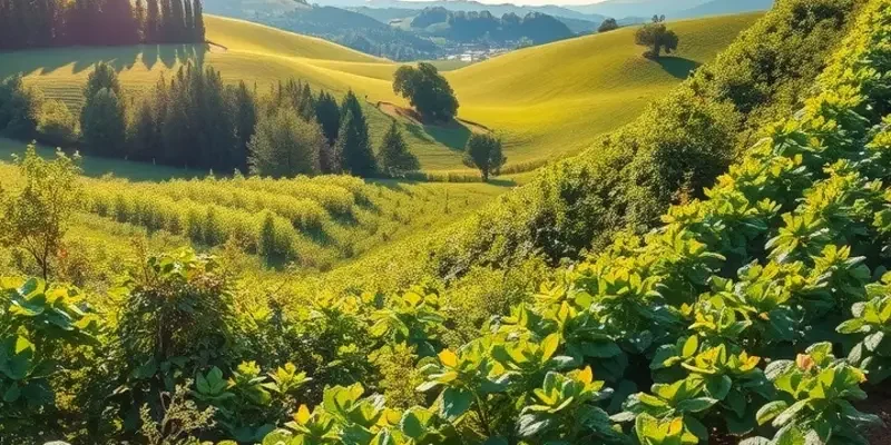 A stunning view of a sunlit orchard filled with colorful fruits and greenery.