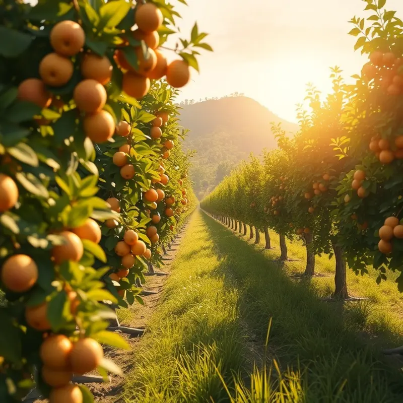 A sunlit orchard filled with vibrant fruits representing nutritious options for breakfast.