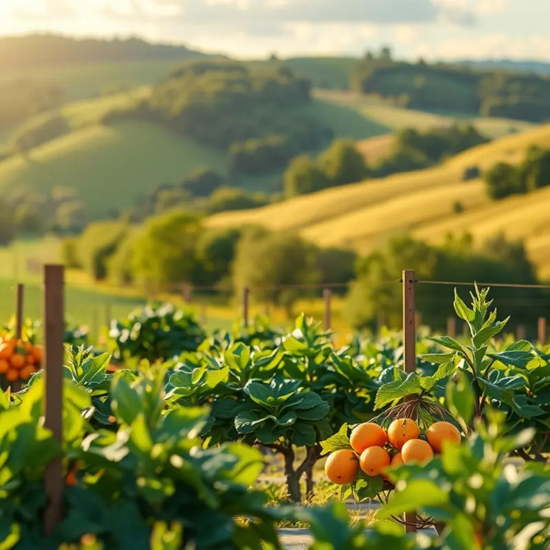 A vibrant orchard filled with fresh fruits and vegetables bathed in soft sunlight.