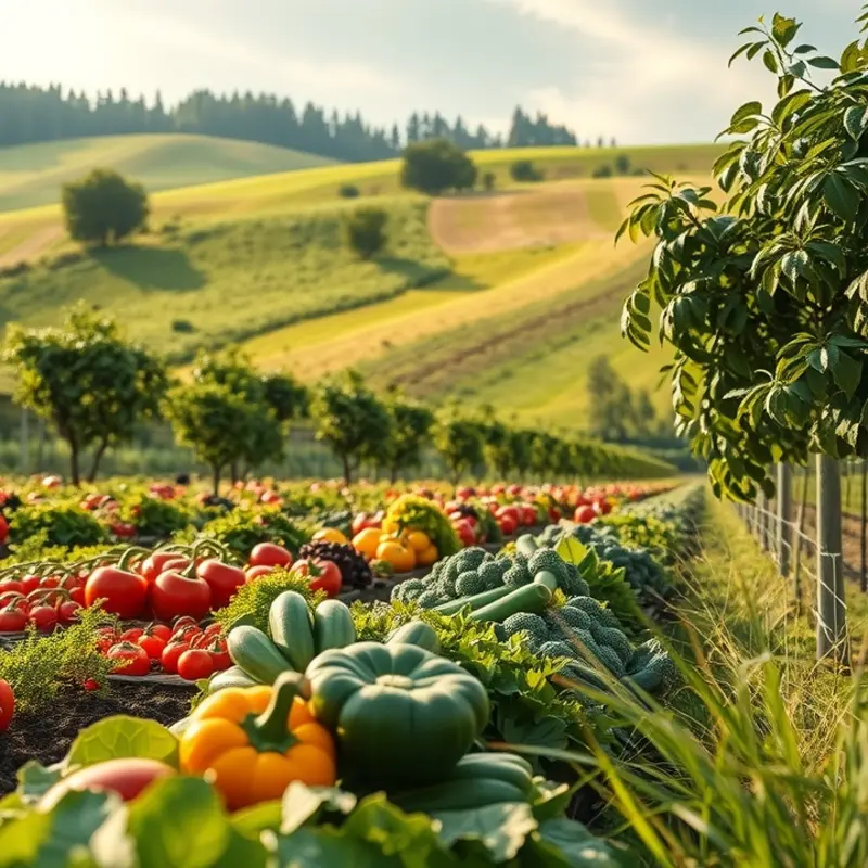 A sunlit orchard showcasing vibrant fruits and vegetables, representing abundance.