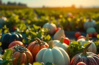 A sunlit farm displaying a variety of organic vegetables and fruits amidst lush greenery.