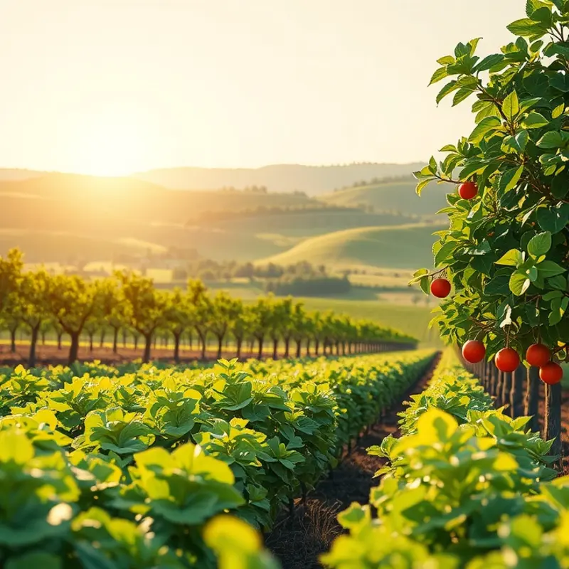 A sunlit landscape showcasing the abundance of organic produce in its natural setting.