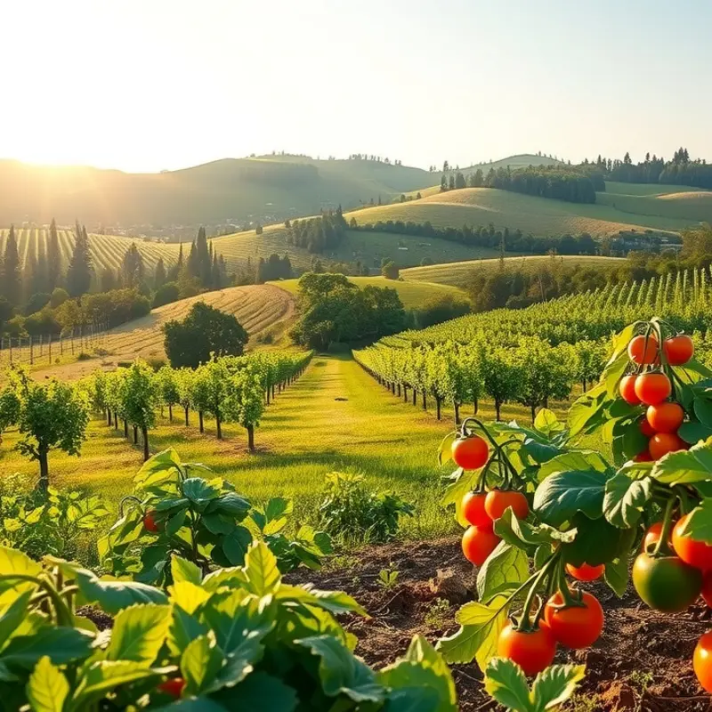 A sunlit organic field showcasing vibrant produce.