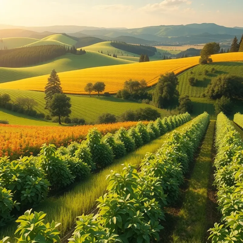 A vibrant sunlit field showcasing the abundance of fresh, organic produce.