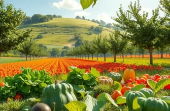 A lush sunlit field depicting a rich variety of organic vegetables thriving within a natural landscape.