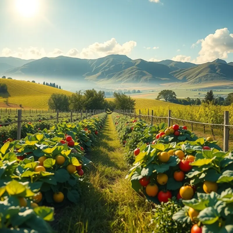 A picturesque sunlit field filled with vibrant organic vegetables.