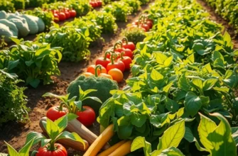 A vibrant field of organic vegetables and fruits in a sunny landscape emphasizing the abundance of nature.