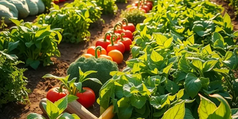 A vibrant field of organic vegetables and fruits in a sunny landscape emphasizing the abundance of nature.