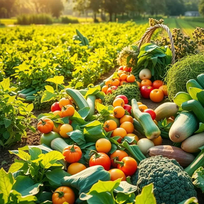 A beautiful landscape filled with vibrant vegetables and fruits growing naturally, symbolizing the essence of healthy cooking.