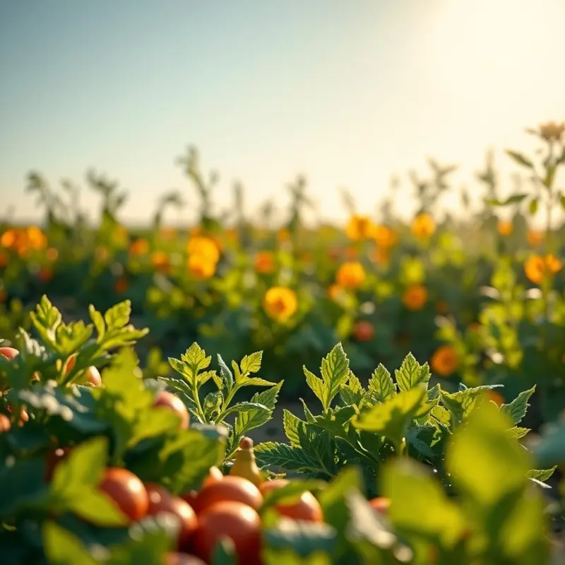 A sunlit field showcasing the freshness of organic vegetables and fruits.