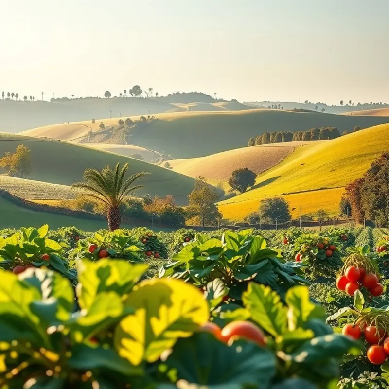 A vibrant orchard full of fresh, organic fruits and vegetables under the warm sun.