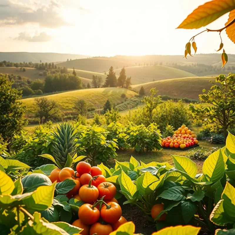 A sunlit organic orchard filled with vibrant fruits and vegetables.