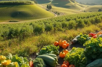 A scenic orchard with diverse fruits and vegetables basking in sunlight.